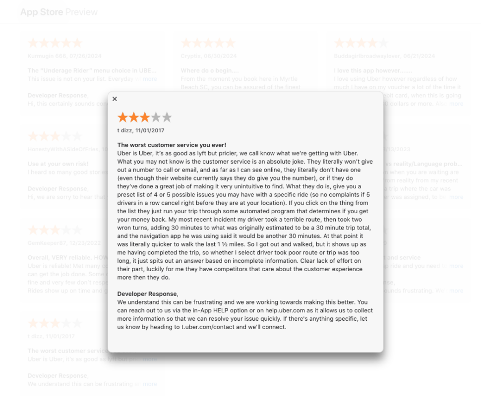 Uber app rating review 